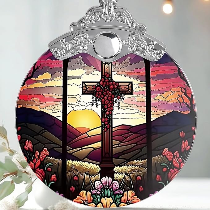 Cross Christmas Ornament - Stained Glass Holiday Decoration for Tree, Xmas Gift Idea