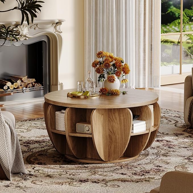 32.7" Lift Top Coffee Table with Storage, Wood Round Center Table with Hidden Storage Compartment & Shelves, Mid Century Modern Coffee Tables for Living Room Rustic Accent Small Center Table