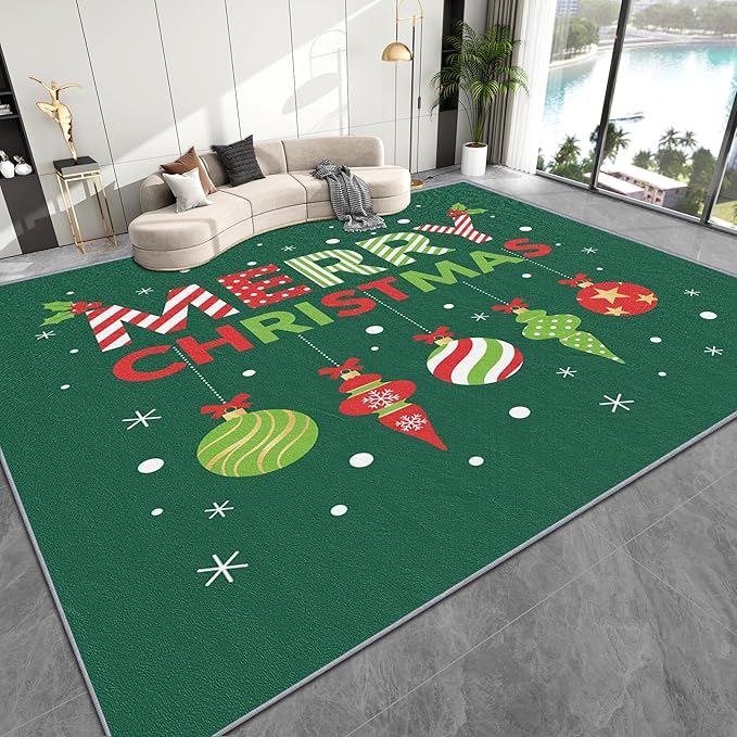Merry Christmas Rug Indoor - 5x7 Rug, Christmas Ornament Living Room Rugs, Xmas Bedroom Rugs, Modern Xmas Carpet, Holiday Kids Home Decor & Gifts