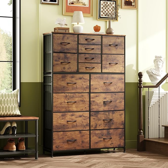 Tall Console Table with 16 Fabric Drawers, Entryway Table with Storage, Large Storage Organizer with Wood Top, Steel Frame for Living Room, Hallway, Office, Rustic Brown