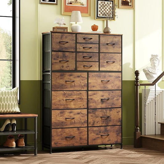 Tall Console Table with 16 Fabric Drawers, Entryway Table with Storage, Large Storage Organizer with Wood Top, Steel Frame for Living Room, Hallway, Office, Rustic Brown