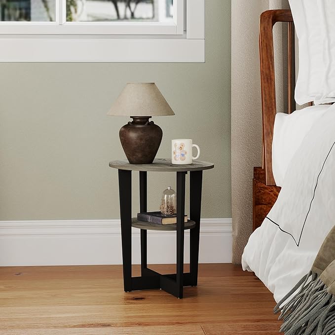 Small End Table, Round Side Table with 2-Tier Open Storage for Living Room, Apartment, Home Office, Small Spaces, Grey