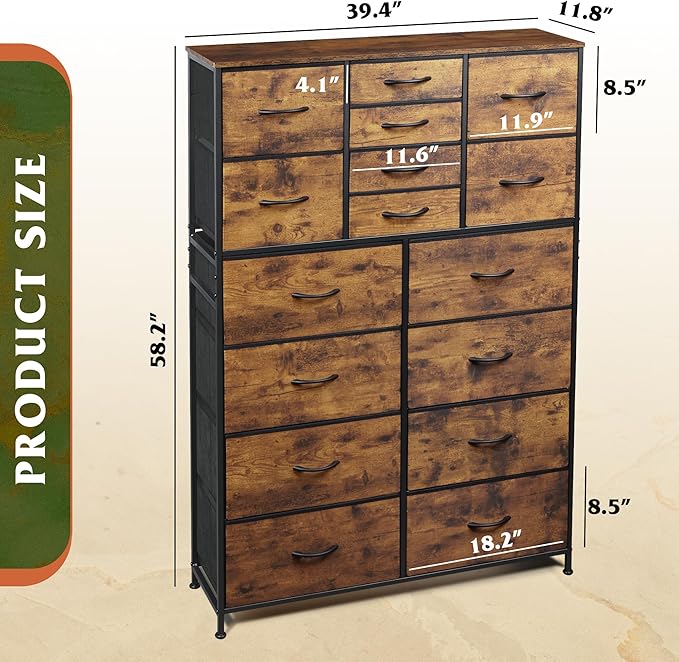 Tall Console Table with 16 Fabric Drawers, Entryway Table with Storage, Large Storage Organizer with Wood Top, Steel Frame for Living Room, Hallway, Office, Rustic Brown