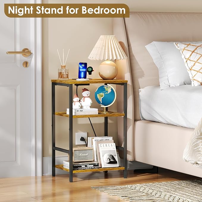 X-cosrack Side Table with Charging Station, End Table with USB Ports and Outlets, Nightstand with Storage Shelves for Small Space, Sofa Couch Table Bedside Table for Living Room Bedroom