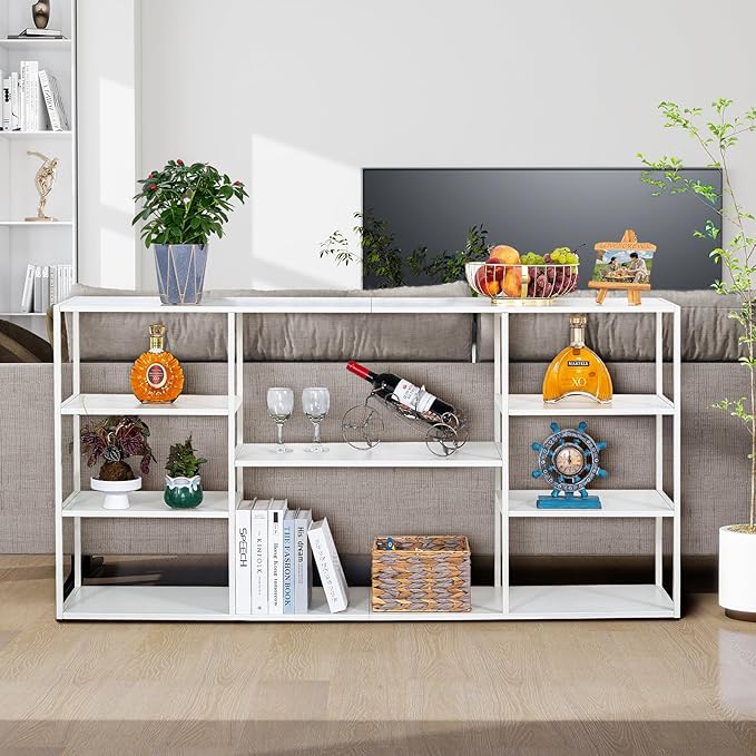 63 Inch Metal Console Table with 8 Storage Shelves,Extra Long Entryway Table,Narrow Sofa Table,Hallway Table for Entrances to Corridor, Foyer,Living Room (White, 62.99×11.81×31.5)