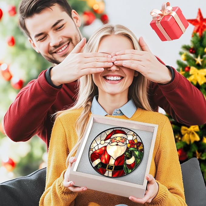 Christmas Stained Glass Window Hanging Sun Catcher, Santa Claus Suncatcher for Window Ornament, Festive Wall Art Decor Christmas Xmas Gift for Women, Men (Red Santa, 6.3'')