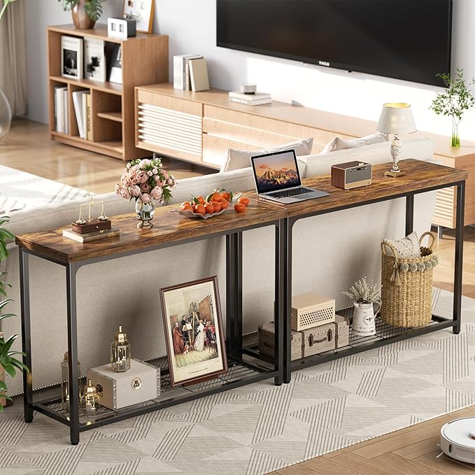 Console Table, Entryway Table, Sofa Table with Mesh Shelves, Console Tables for Living Room, Bedroom, Hallway, Entryway, Foyer (2 Tier, Rustic Brown, 47 inch)