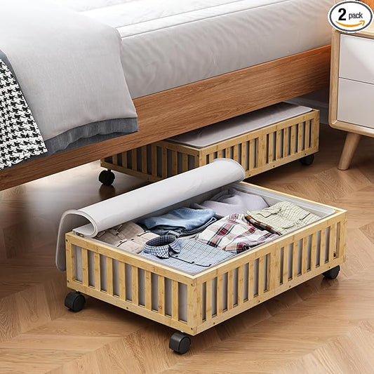 Bamboo Under Bed Storage Containers with Wheels, 2 Pack Under the Bed Shoe Storage Bins, Wood Rolling Underbed Drawers with Bag Organizer for Bedroom, Sheets Clothes Blanket Comforter, Under Crib Toy