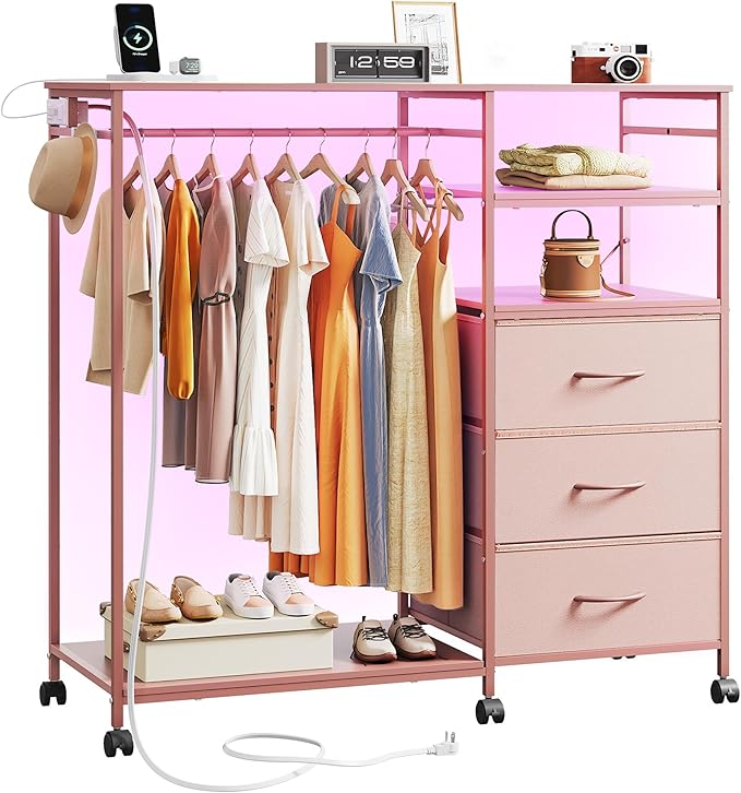 WLIVE Pink Dresser with Hanging Rack for Bedroom, 3 Drawer Dresser with LED Lights & Charging Station, Fabric Dressers & Chest of Drawers, Storage Organizer with Open Shelves for Living Room