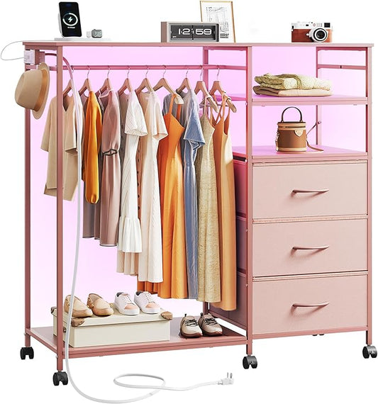 WLIVE Pink Dresser with Hanging Rack for Bedroom, 3 Drawer Dresser with LED Lights & Charging Station, Fabric Dressers & Chest of Drawers, Storage Organizer with Open Shelves for Living Room