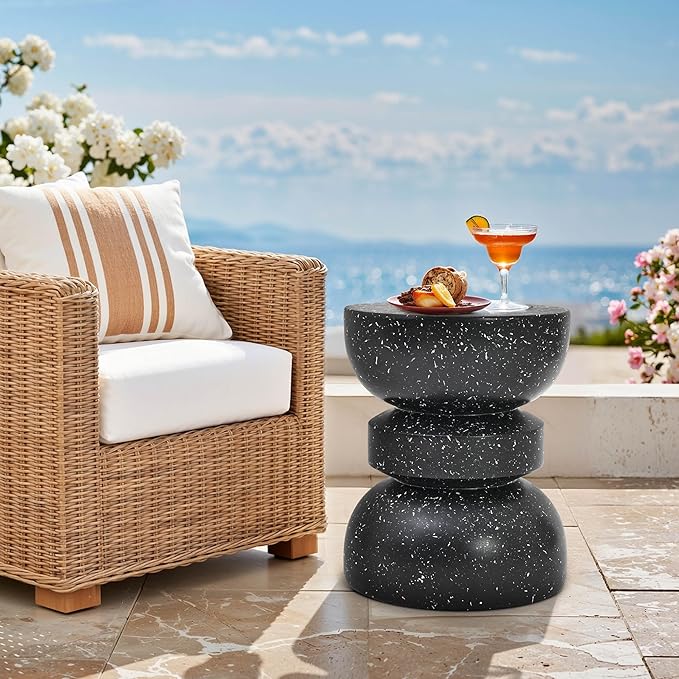 18" Outdoor Side Table, Modern Hourglass Garden Stool in Painted Faux Terrazzo-Look, Patio Coffee Accent Table Decorative, Durable Weatherproof & Easy Assembly Round Table for Room Porch Black