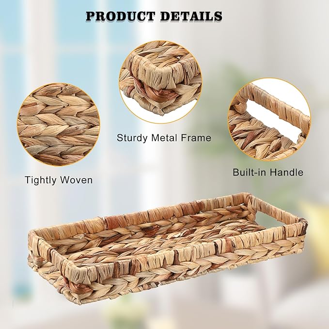 Hipiwe Wicker Toilet Tank Basket 16.9 Inch Bathroom Vanity Tray for Long Back of Toilet, Rectangle Woven Hyacinth Decorative Countertop for Paper Hand Towel