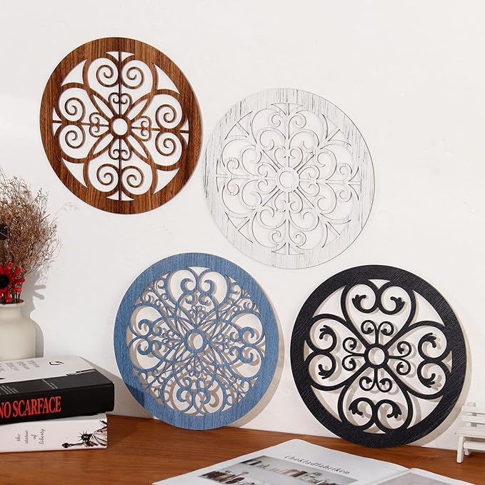 Zzbakress 4 Pieces Farmhouse Wall Decor Rustic Circle Wall Decor Wooden Hollow Carved Round Wall Art for Living Room Bedroom Kitchen Bathroom Home Wall Decoration (Delicate, Colorful)