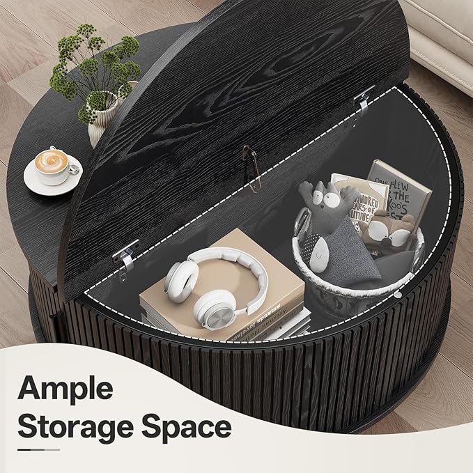 Mid Century Round Coffee Table, Fluted Center Table with Sliding Door, Modern Dining Table with Storage for Home Living Room Office, 31.5", Black