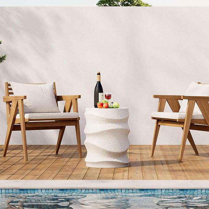 HOMPUS Outdoor Side Table, Patio End Table w Water Wave, Unique MgO Round Lightweight Concrete Accent Table, Modern Vintage Plant Stand Garden Tool for Indoor Outdoor Use, Warm White