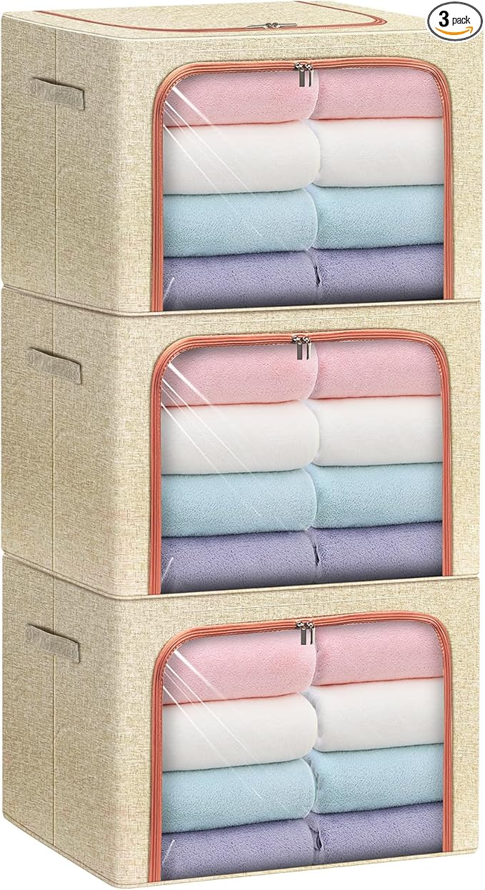 3 Pack Foldable Storage Bins with Metal Frame, Large Capacity Stackable Clothes Organizer with Clear Window & Carry Handles, Linen Fabric Storage Boxes for Closet (Beige, 3PCS-Large-66L)