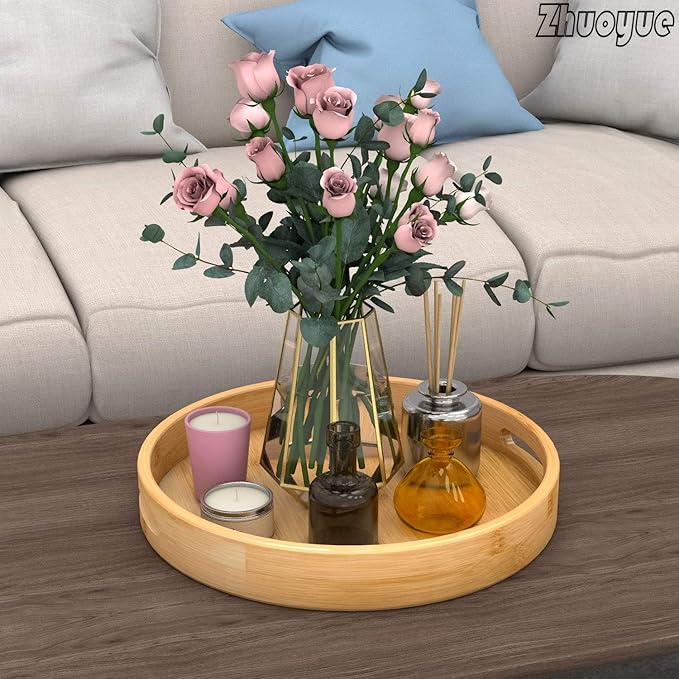 Zhuoyue 13“ Round Serving Tray with Handles - Wood Bamboo Decorative Tray for Ottoman, Coffee Table Circle Tray for Food, Cocktail, Drink