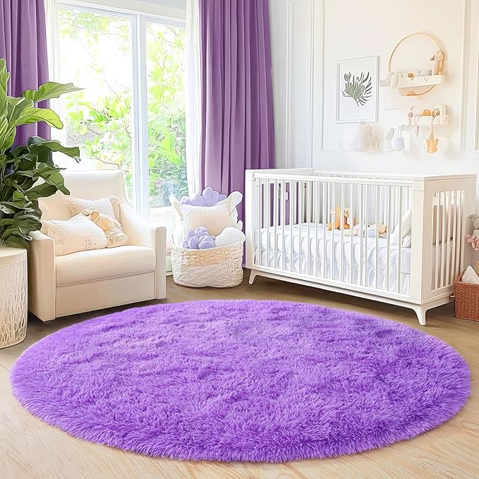6‘x6’ Purple Round Rug for Bedroom, Ultra Soft Fluffy Circle Rug for Kids Girls Boys Room, Cute Shag Rugs for Living Room Playroom Teen Room Home Decor Rug