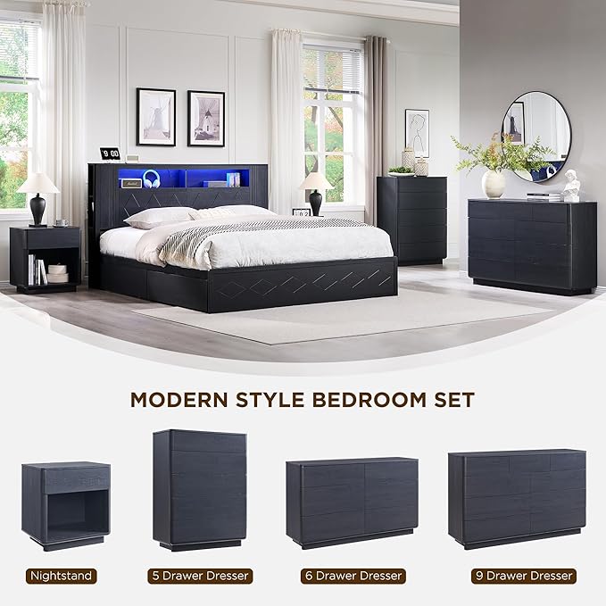 ACCOHOHO Modern Nightstand Set of 2 with Charger Station, 22" Wide Night Stand with Storage Drawer & Open Shelf, Large Bedside Table for Bedroom, Wood End Table, Curved Profile, Black