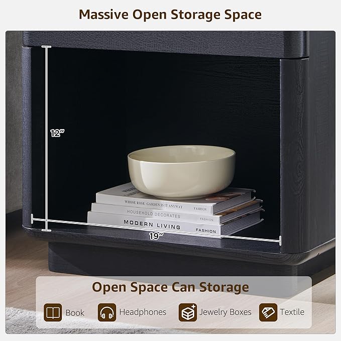 ACCOHOHO Modern Nightstand with Charger Station, 22" Wide Night Stand with Storage Drawer & Open Shelf, Large Bedside Table for Bedroom, Wood End Table, Curved Profile, Black