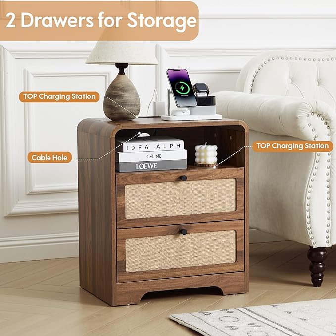 20" Wood Nightstand wiht 2 Drawer & Charging Station, Mid-Century Farmhouse Bedside End Table with Linen Decor, 2AC+USB+Type-C Port, Side Table with Storage for Livng Room (Walnut-charging)