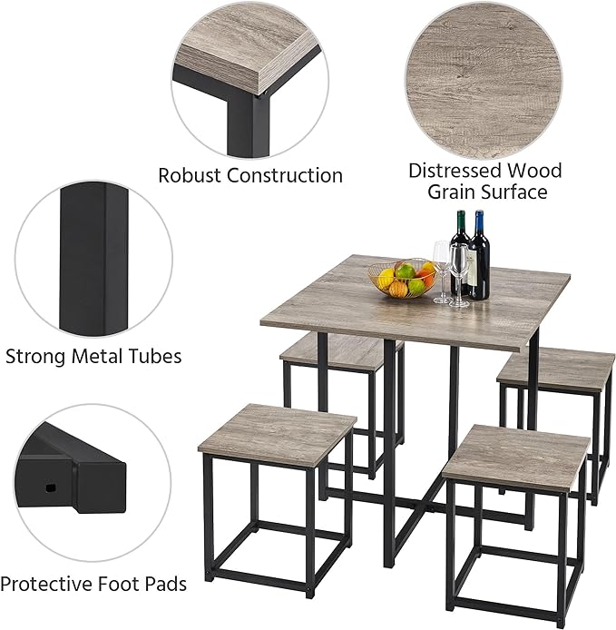 Yaheetech Dining Table Set for 4 Industrial Kitchen Table with 4 Chairs, Space-Saving Design for Apartment, Small Space, Breakfast Nook, Gray