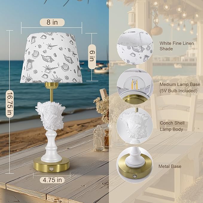 Conch Shell Rechargeable Lamp, Cordless Lamps, 4400mAh Battery Powered Lights, Night Light, Linen Shade, Touch Switch,Wireless Lamp for Nightstand, Home, Office, Room Decor(Bulb Included)