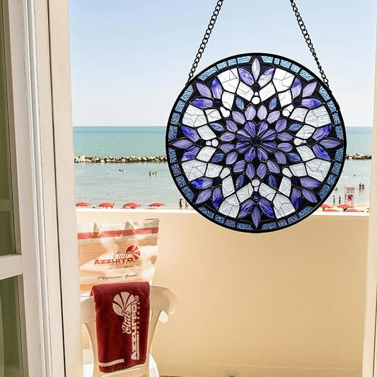 Stained Glass Window Hanging, Purple Blue Tiffany Style Flowers Sun Catcher for Window Door Home Decor Suncatcher Christmas Mother's Day Birthday Gifts for Women Men Mom Nana 7.8 in