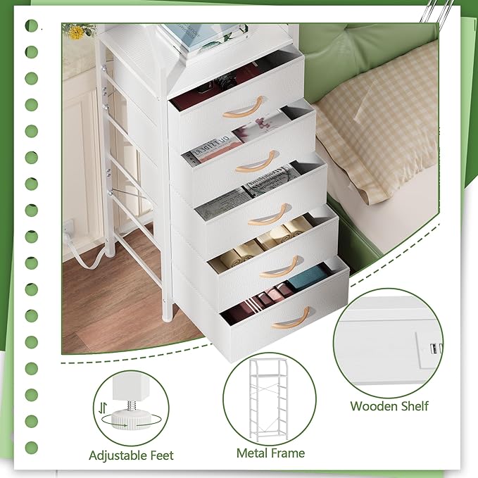 Furnulem 5 Drawers Dresser with Charging Station, Tall Night Stand with Open Shelf, Storage Tower with PVC & Fabric Drawer, Bedside Table for Bedroom, Closet, Entryway, 3 Ways to Use, White