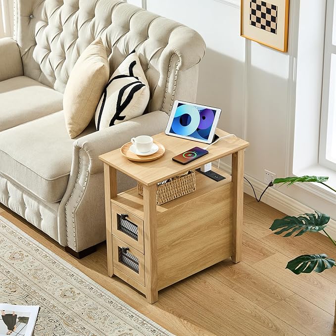Farmhouse XXL End Table with Charging Station, Narrow Side Table with USB Ports and Outlets, Nightstand with 2 Drawers Storage, Bedside Tables for Living Room, Bedroom, Wooden Color