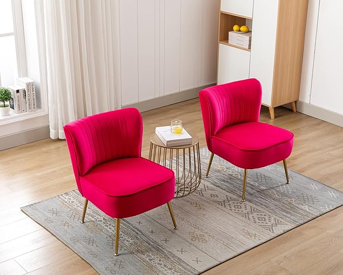 Velvet Accent Chair Set of 2 Comfy Living Room Chair Armless Slipper Chair Mid Century Side Single Sofa Chair with Golden Legs Wingback for Bedroom Guest Room, Hot Pink