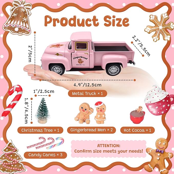 Pink Gingerbread Christmas Decor Vintage Farmhouse Metal Truck with Mini Xmas Tree Gingerbread Man Hot Cocoa Candy Canes Pastel Ginger Bread Christmas Table Decorations for Holiday Mantel Home Kitchen