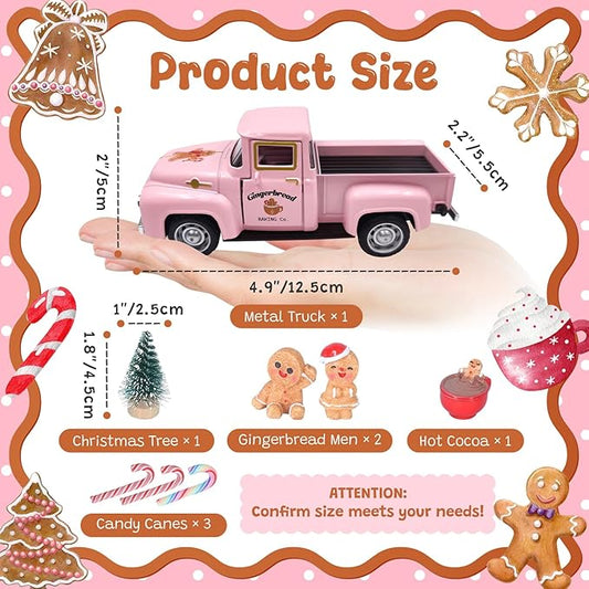 Pink Gingerbread Christmas Decor Vintage Farmhouse Metal Truck with Mini Xmas Tree Gingerbread Man Hot Cocoa Candy Canes Pastel Ginger Bread Christmas Table Decorations for Holiday Mantel Home Kitchen