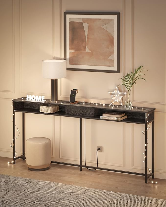 VASAGLE 70.9-Inch Console Table with Outlet and Shelves, Sofa Table with Charging Station, Behind Couch Table Skinny, Entryway Table for Hallway, Living Room, Charcoal Gray and Ink Black ULNT118B22
