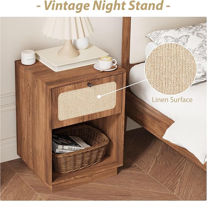 16" Nightstands Set of 2, Mid-Century Vintage Wooden Night Stand with Drawer and Open Shelf, Linen Decor Farmhouse Side Table End Tbale for Bedroom, Dorm, Living Room (Walnut)