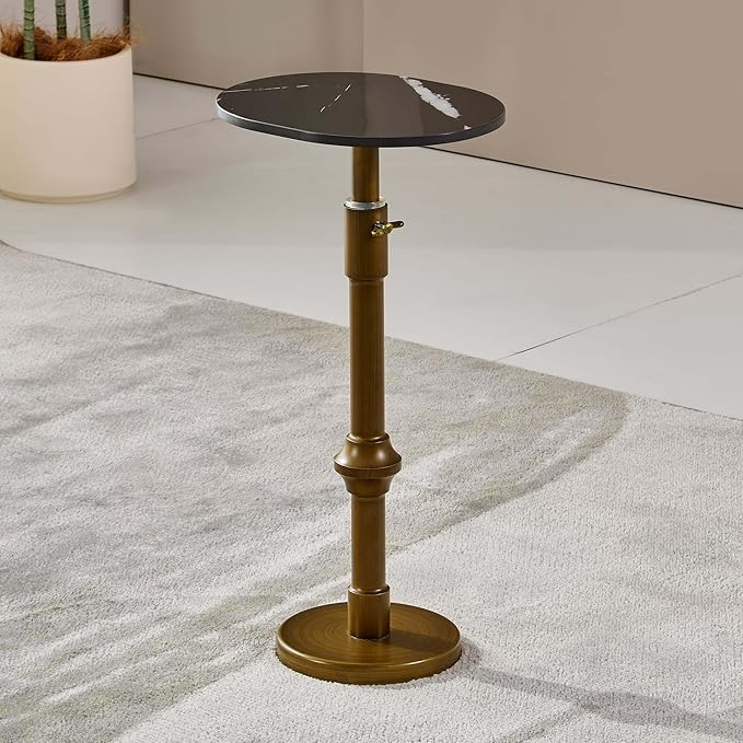 Adjustable-Height Drink Table, Marble Pedestal Side Table, Modern Round End Table, Cocktail Accent Table with Metal Brass Base, Small Side Table for Small Spaces (Black)