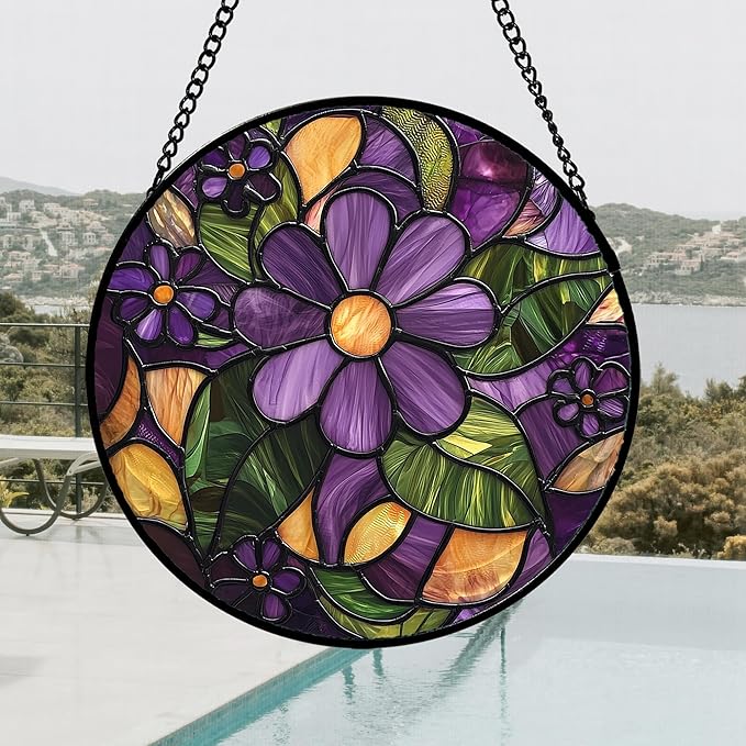Stained Glass Window Hanging, Purple Green Flowers Sun Catcher for Door Home Decor Plants Suncatcher Christmas Mother's Day Birthday Gifts for Women Men Mom and Nana 6.3 in