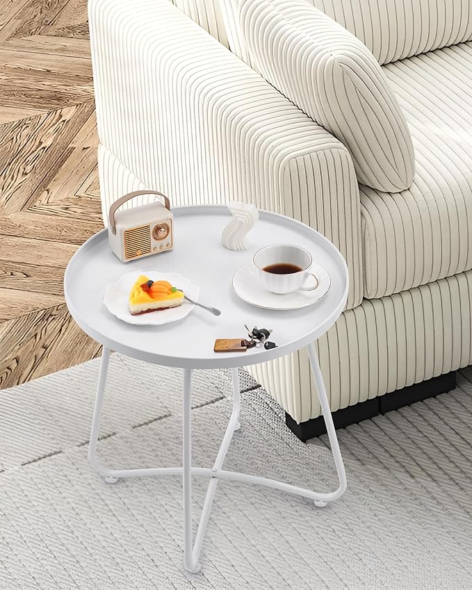 Small Side Round Table for Living Room Bedroom, Weather Resistant Outdoor Side Table Metal Patio Tables for Garden Porch Balcony Yard, Minimalist Short Round Tray Tables 17.7”D x 17.7”H, White