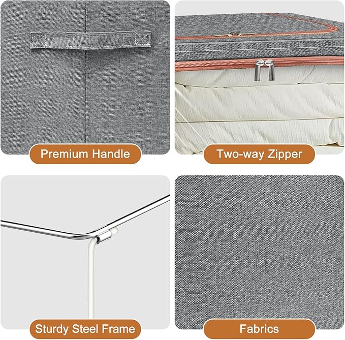 3 Pack Foldable Storage Bins with Metal Frame, Large Capacity Stackable Clothes Organizer with Clear Window & Carry Handles, Linen Fabric Storage Boxes for Closet (Gray, 3PCS-Large-66L)
