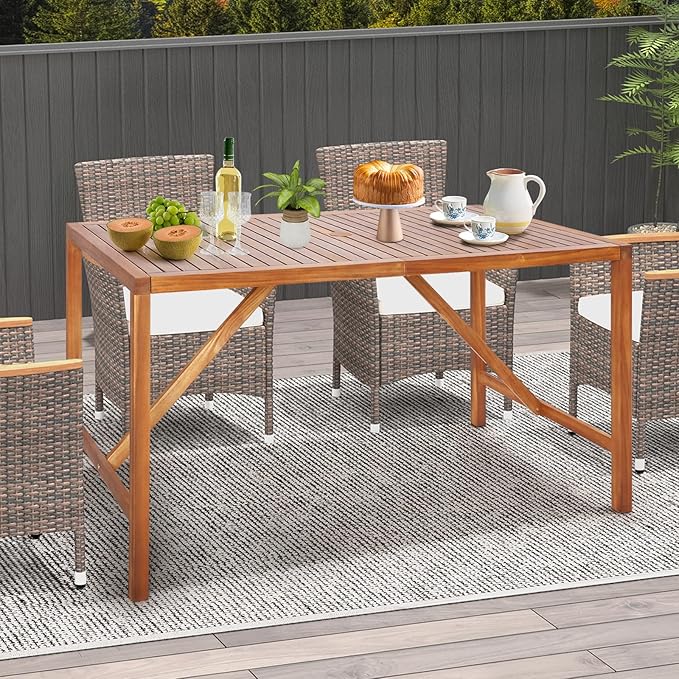 Tangkula Outdoor Rectangle Dining Table, Acacia Wood Table with 2 Inch Umbrella Hole, Spacious Slatted Tabletop for 6 Person, Indoor Outdoor Table for Backyard, Dining Room