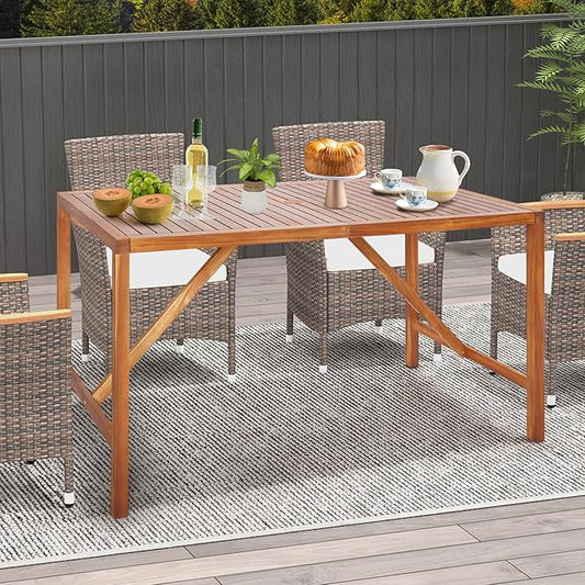Tangkula Outdoor Rectangle Dining Table, Acacia Wood Table with 2 Inch Umbrella Hole, Spacious Slatted Tabletop for 6 Person, Indoor Outdoor Table for Backyard, Dining Room
