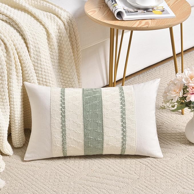 Fancy Homi Set of 2 Sage Green Boho Lumbar Decorative Throw Pillow Covers 14x24 Inch for Living Room Bedroom Couch Bed Sofa, Rustic Retro Cushion Case, Bohemian Room Home Decor