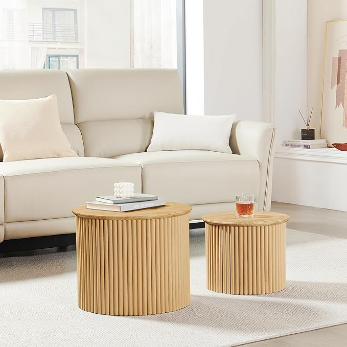 Fluted Round Nesting Coffee Table Set of 2, Small Coffee Table Circle Side Table, Boho Modern Wood Nesting Table Farmhouse End Tables Set for Living Room, Bedroom, Small Spaces(Natural)