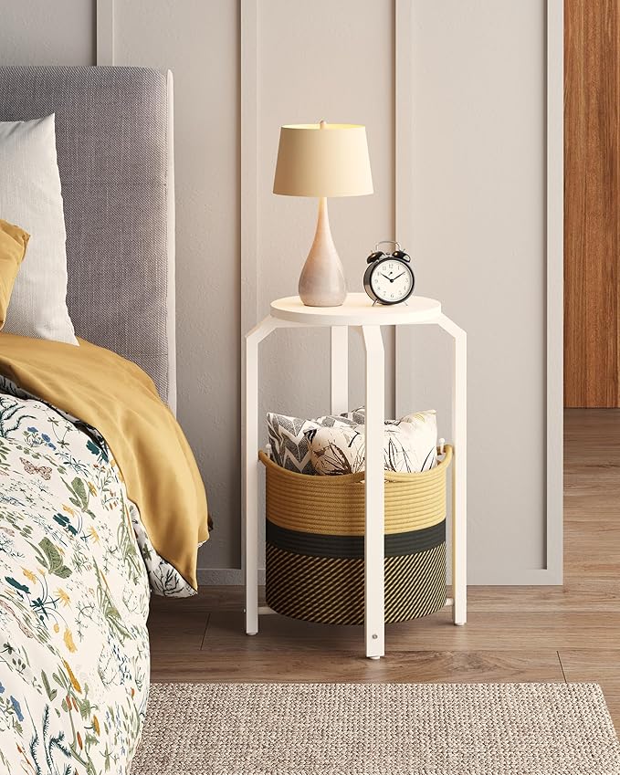TUTOTAK Small Side Table, Round End Table, Night Stand, Bedside Table, Sofa Table with Storage Basket, Living Room, Bed Room, White and Black-Brown TB01BWK092