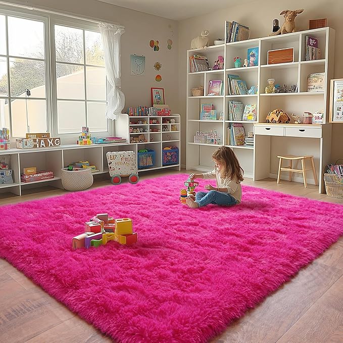 Fluffy Rug for Living Room,Furry Carpet for Teen,Shaggy Carpet for Nursery Room, Hot Pink Fuzzy Plush Rug for Dorm, Rectangle Shag Rug 9x12 Feet