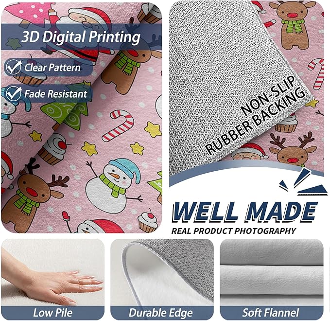 Pink Christmas Rug Indoor - 5x7 Rug, Kids Santa Snowman Living Room Rugs, Pink Christmas Bedroom Rugs, Xmas Tree Candy Cane Carpet, Cartoon Reindeer Home Decor & Gifts