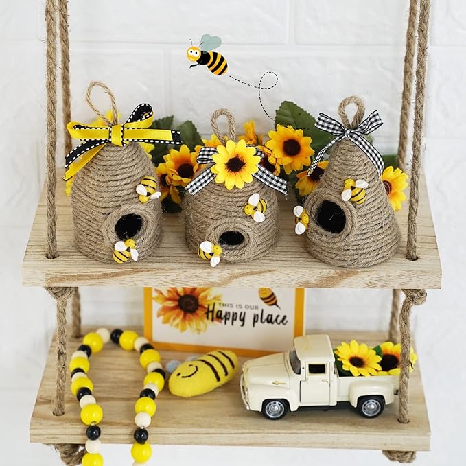 Rustic Bumble Bee Hive Decor - 3 Pack Natural Bee House, Spring/Summer Farmhouse Kitchen Table Tiered Tray Decor