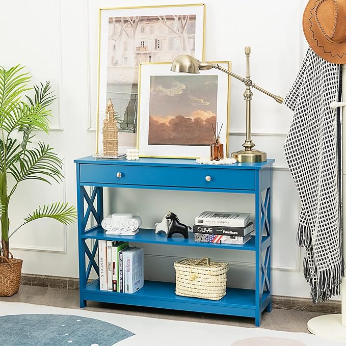 GOFLAME 39" Console Sofa Table with Drawers, 3-Tier Narrow Entry Table with Storage Shelves for Living Room Behind Couch, Entryway (Navy Blue)