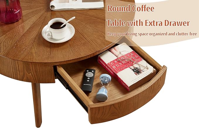 2 Piece Modern Farmhouse Coffee Table Set with Drawer, Boho Round Natural Real Wood Coffee Table for Living Room, Nesting Coffee Side Table Set with Radial Design, Wenger