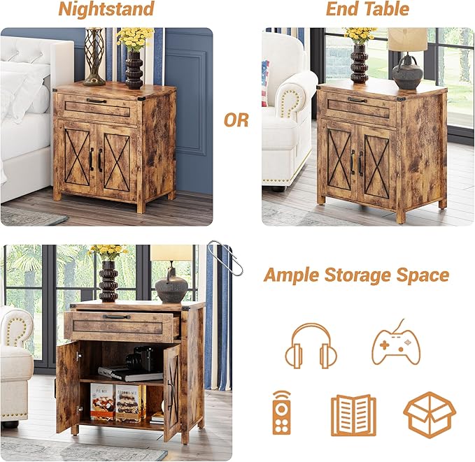 Maupvit End Table, Farmhouse End Table Narrow Side Table for Living Room, Sofa Side Table with Drawer and Storage Cabinet, Small Nightstand for Bedroom (Retro-Fire 2)